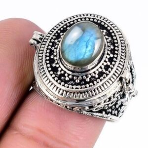 Blue Labradorite Gemstone 925 Sterling Silver Handmade Locket/Pill/Poison Ring